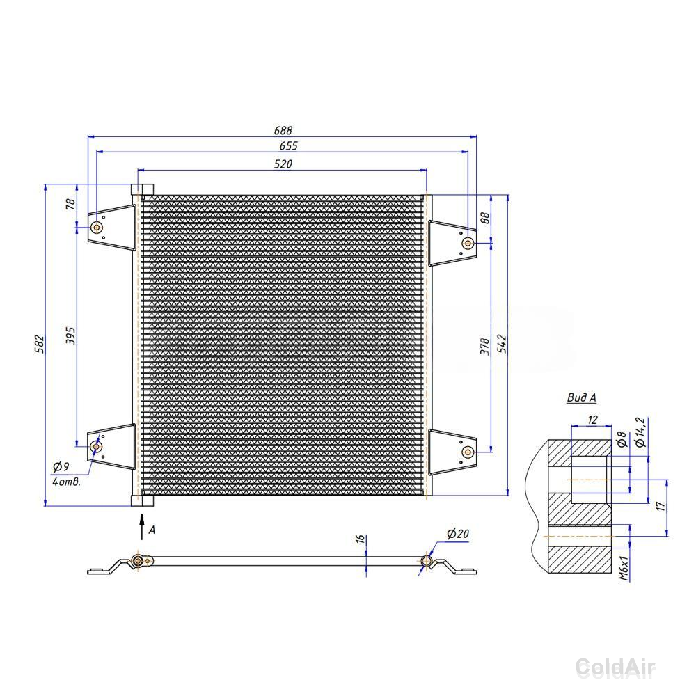 RC-U0240, радиатор 542*540*16 мм., аналог для DAF 1629115, вход Ø 14,5 мм., выход Ø 14,5 мм.