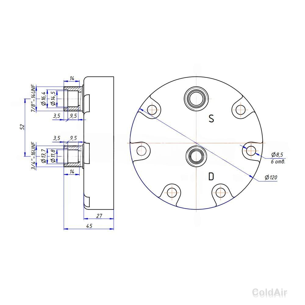 Крышка RC-U0814 на компрессора Sanden 7H, O-Ring, 3/4