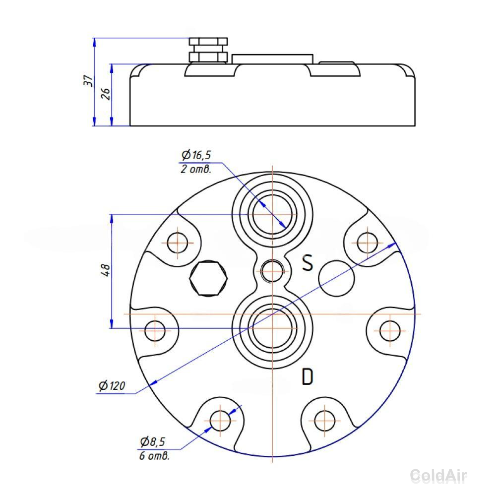 Крышка RC-U08184 на компрессора Sanden 7H, вход Ø 16,5 мм., выход Ø 16,5 мм., аварийный клапан