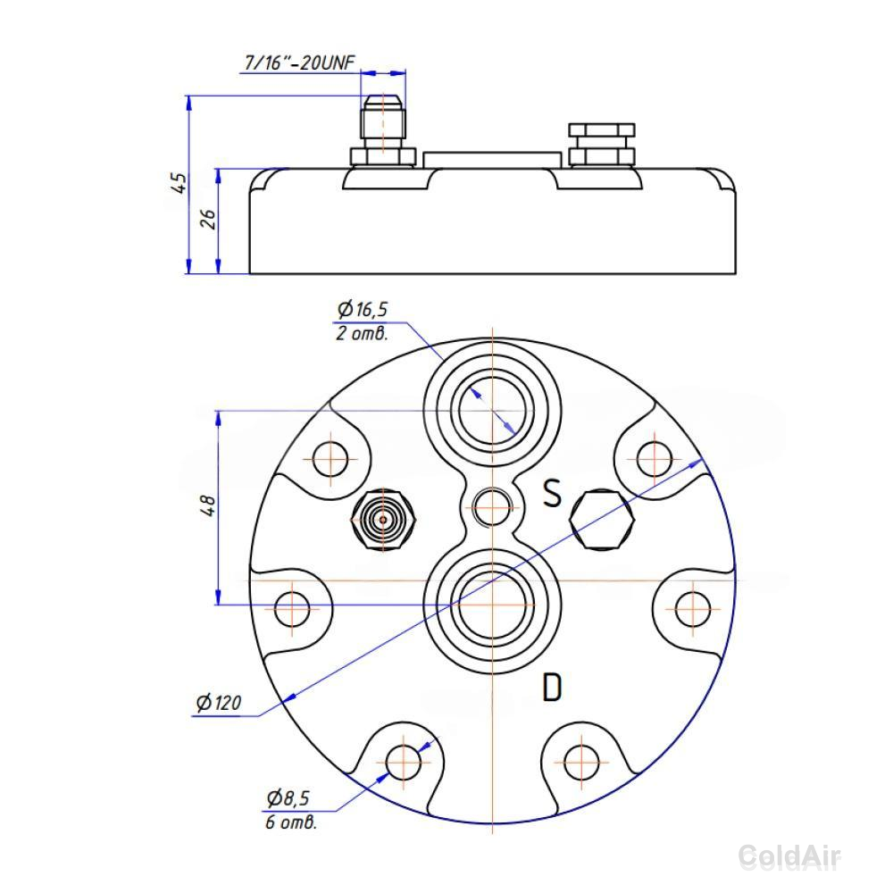 Крышка RC-U08179 на компрессора Sanden 7H, вход Ø 16,5 мм., выход Ø 16,5 мм., заправочный порт, аварийный клапан