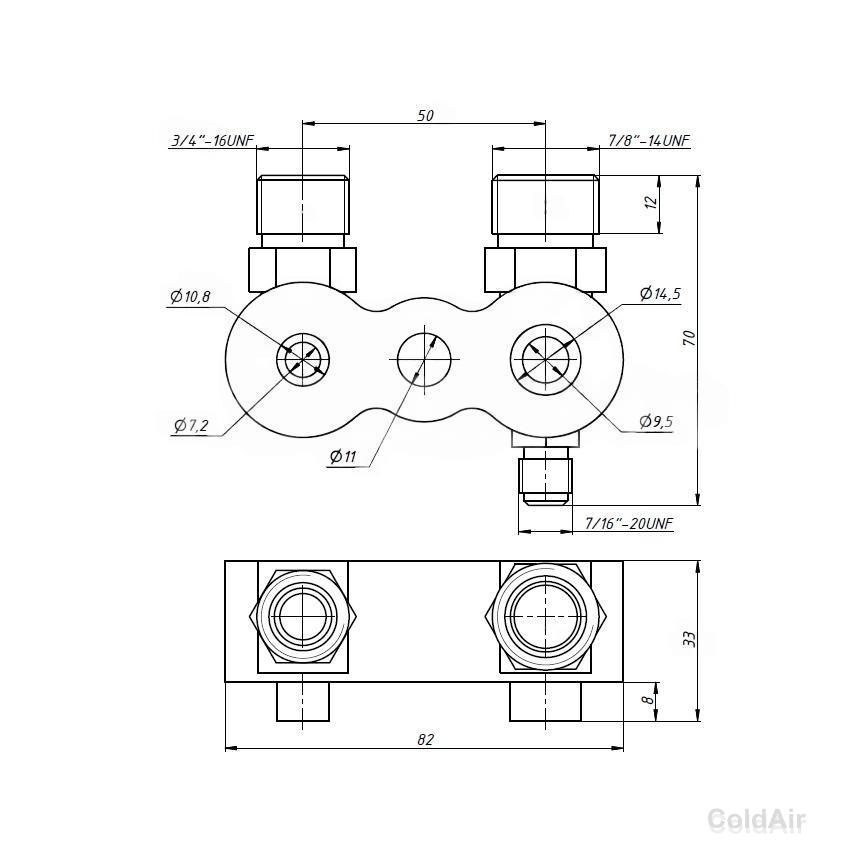Соединительный коллектор RC-U08407, DKS 17C, FXF, вертик. выходы с заправ. клапаном R12, резьба 3/4